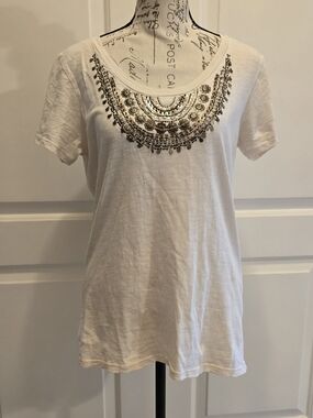Lucky Brand Cream Scoop Neck Tee with Metallic Sequin Bib Medium